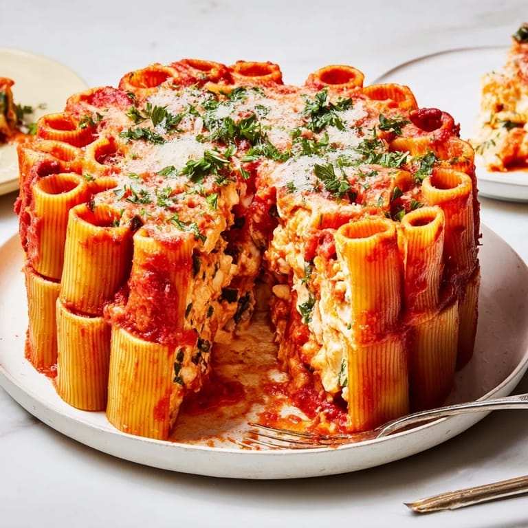 Mouthwatering honeycomb pasta cake topped with bubbling cheese and rich tomato sauce.