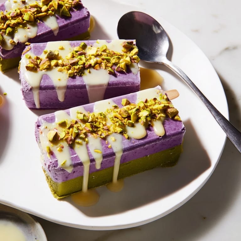 Vibrant ube layers topped with smooth pistachio make these ice cream bars irresistible.