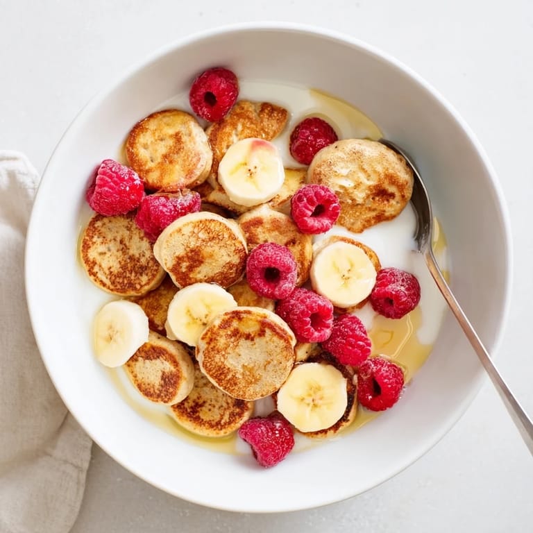 Adorable bite-sized pancakes piled high, perfect for a cozy breakfast experience with milk.  