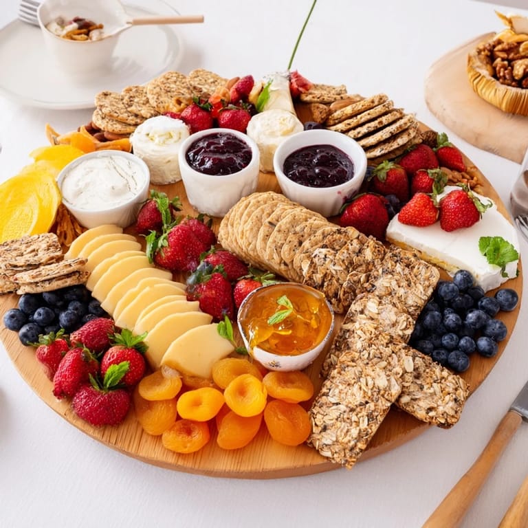 Beautifully arranged jam-infused brunch board showcasing a variety of cheeses and seasonal fruits.
