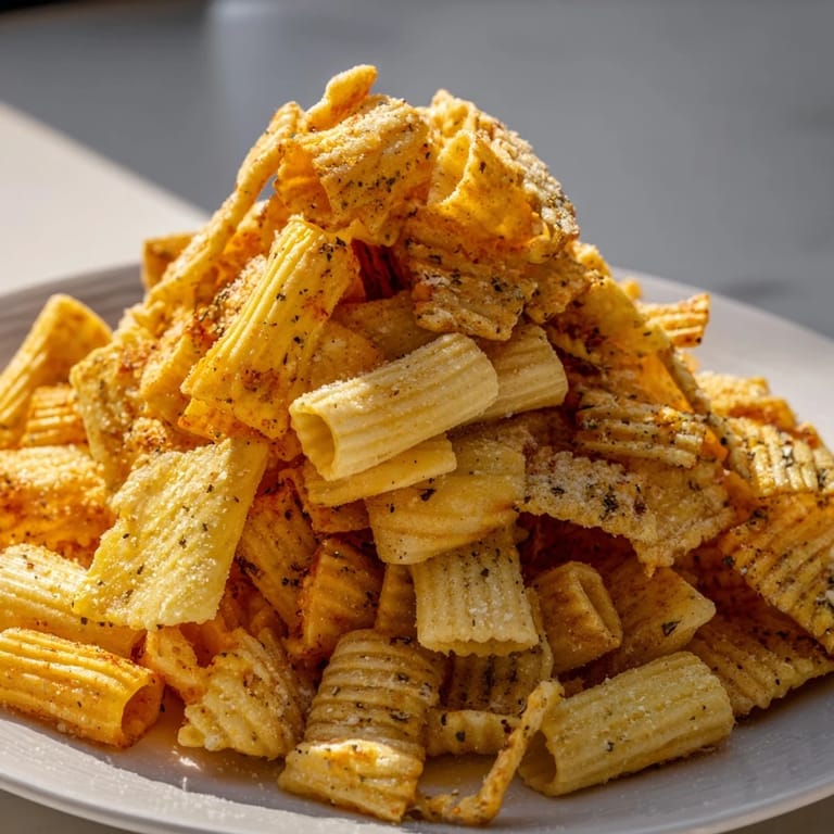 Delicious variety of baked pasta chips, golden brown and irresistibly crunchy for snacking.  