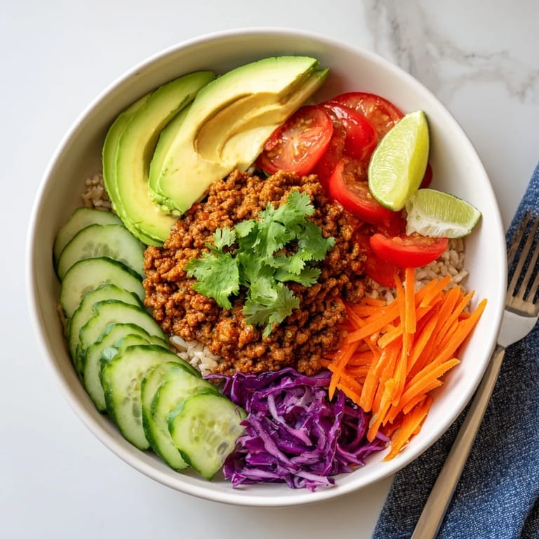 Savory Plant-Based Meat Bowl topped with avocado, carrots, and lime wedges.
