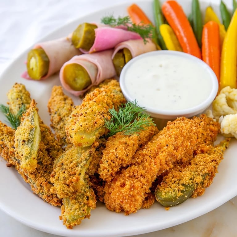 A vibrant platter featuring fried pickles and assorted pickled delights for enthusiasts.  