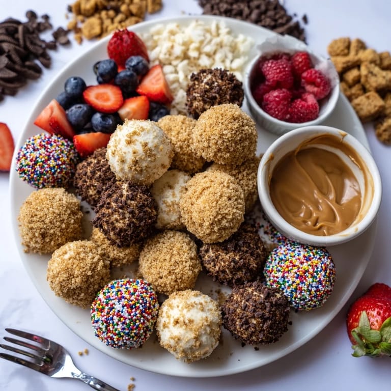 Interactive dessert board with cheesecake bites, colorful toppings, and delightful serving options.