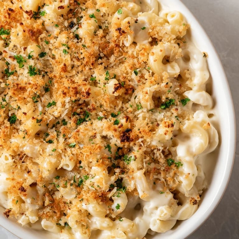 Creamy truffle macaroni and cheese in a bubbling baking dish, garnished with fresh parsley.  