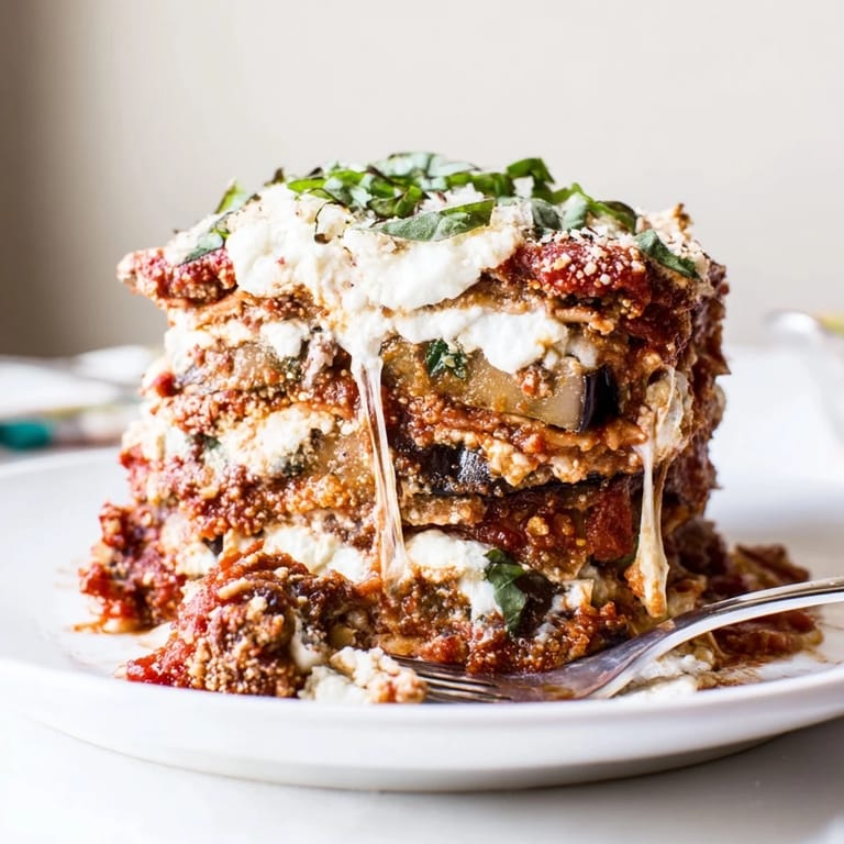 Savor the comforting layers of Eggplant Parmesan Lasagna topped with a golden Parmesan crust.