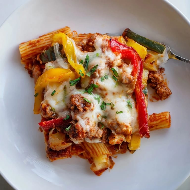 Savory baked rigatoni with sausage, colorful bell peppers, and bubbling cheese.  