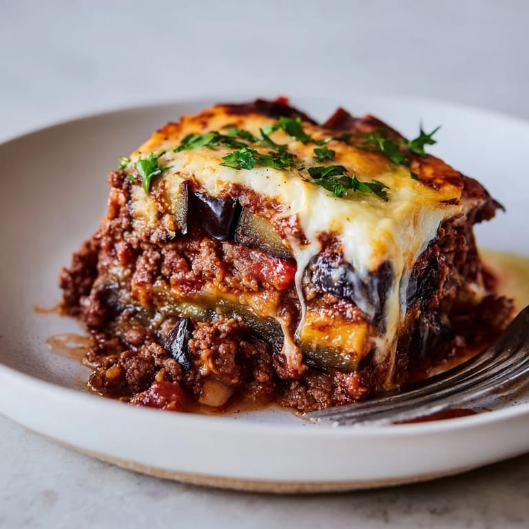 Beautifully baked Moussaka with Beef & Eggplant, served warm and inviting for dinner.
