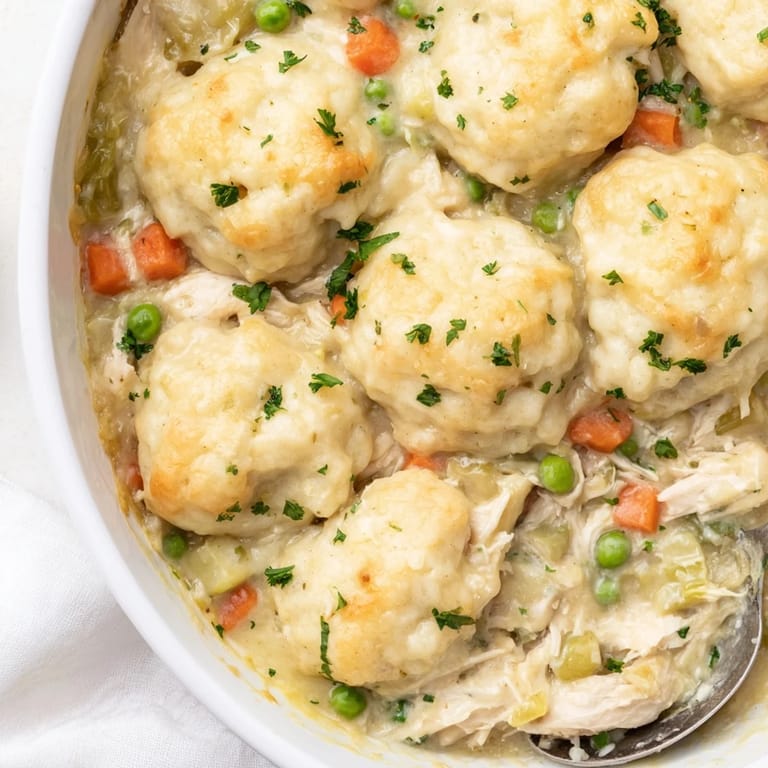 Warm Chicken and Dumplings Casserole, bursting with flavor and creamy, savory goodness, perfect for dinner.