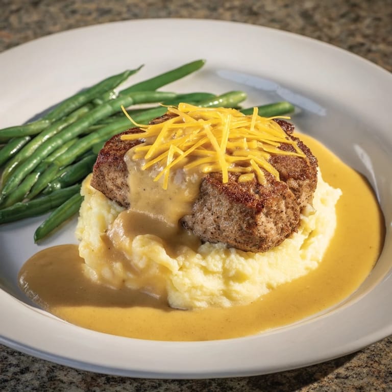A delicious close-up of a plated Pork Chops & Cheddar Mash Bowl with savory pan gravy and vibrant green beans.