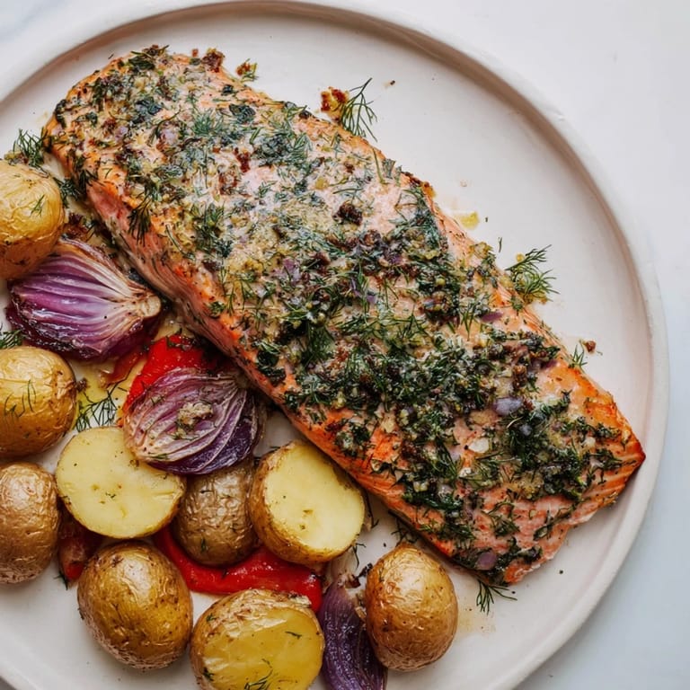 Golden, roasted potatoes and glistening Lemon Herb Salmon ready to serve, a flavorful and healthy meal.