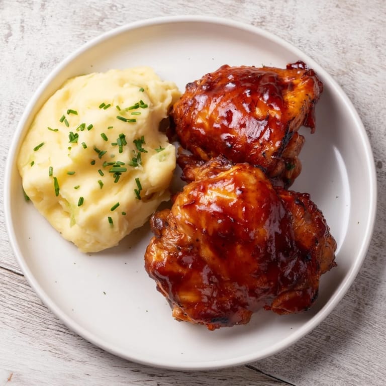 Tender, juicy Honey BBQ Chicken Thighs with a sweet and smoky glaze next to creamy garlic mashed potatoes.