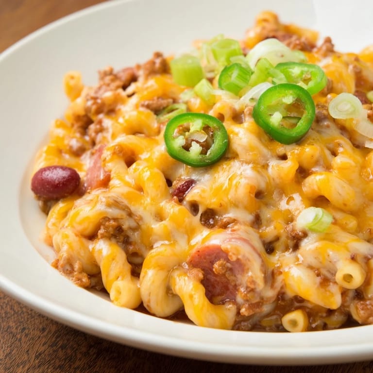 Golden-brown Chili Cheese Dog Mac & Cheese topped with green onions and ready for serving tonight.