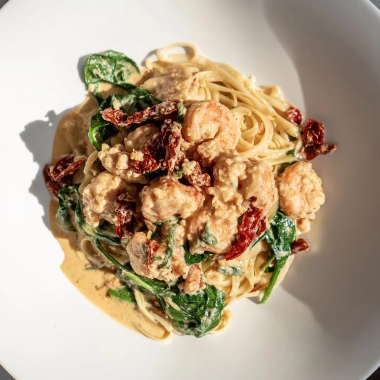 A close-up shot of Tuscan Garlic Shrimp Pasta, showcasing the vibrant red tomatoes and shrimp.