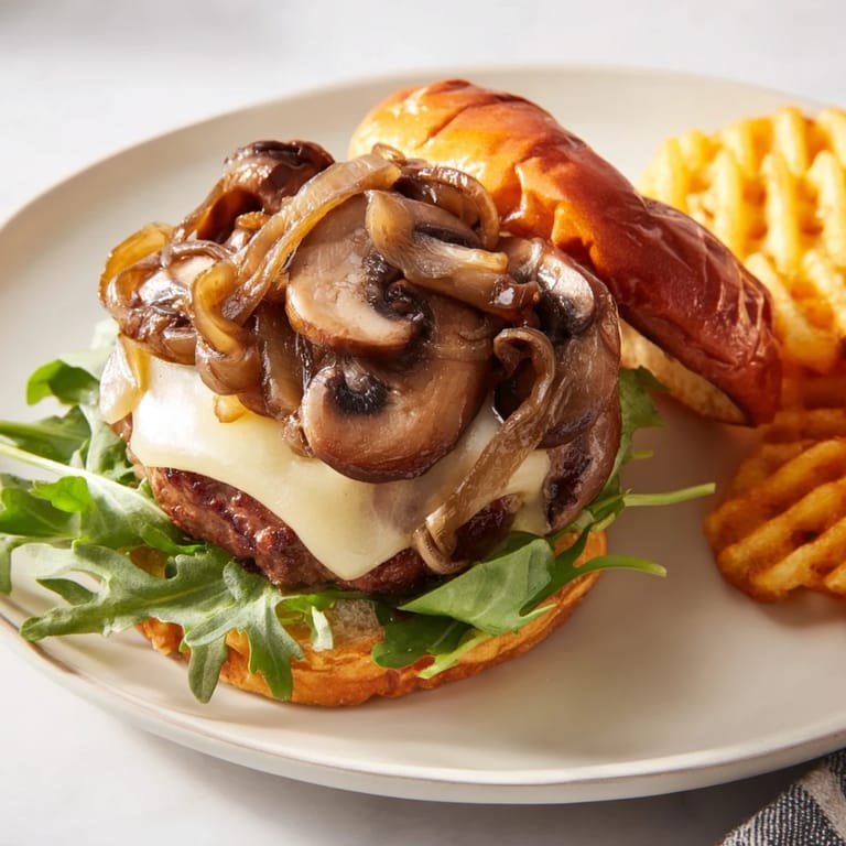 Delicious Mushroom Swiss Burgers, featuring a perfectly cooked patty, Swiss, and fries ready to eat.