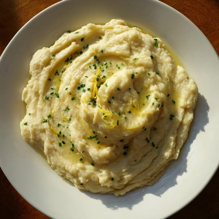 A bowl of fluffy, flavorful cauliflower mash dotted with fresh herbs, a delicious, healthy side.