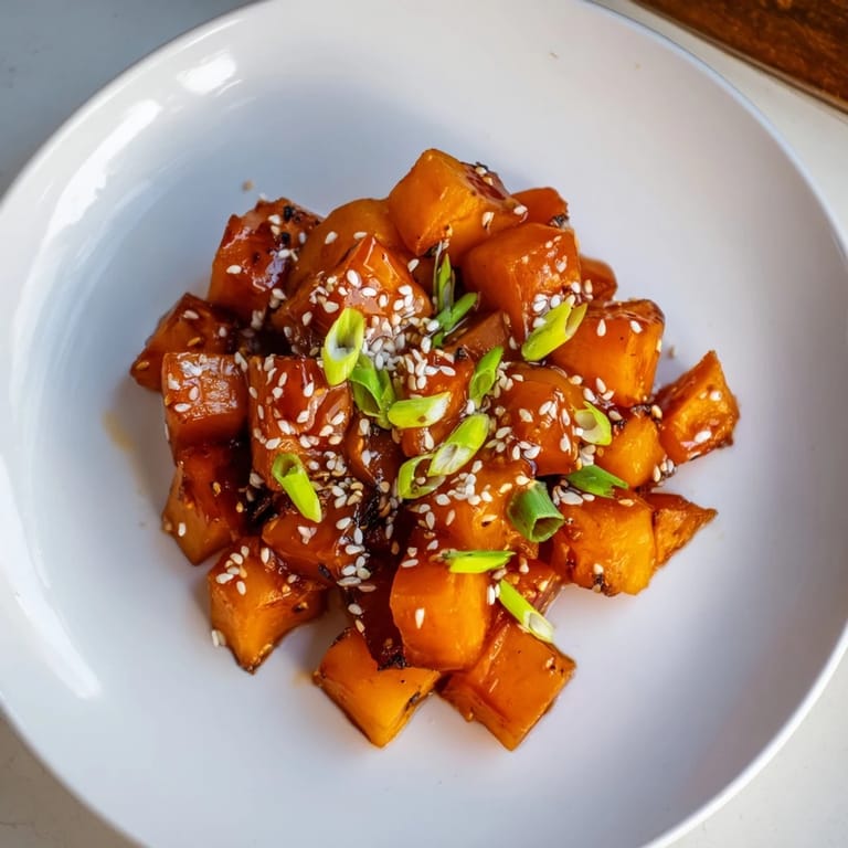 Textured close-up of colorful miso roasted winter vegetables, a vegetarian delight, ready to eat.