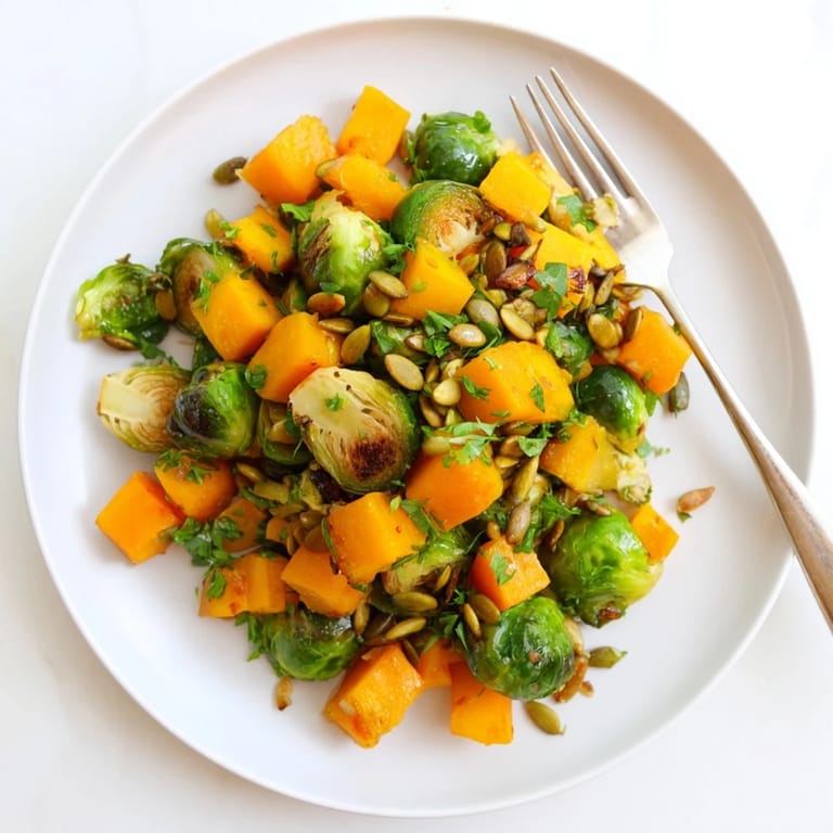 Bright orange dressing glistening on roasted Brussels sprouts and squash, a flavorful Autumn dish.