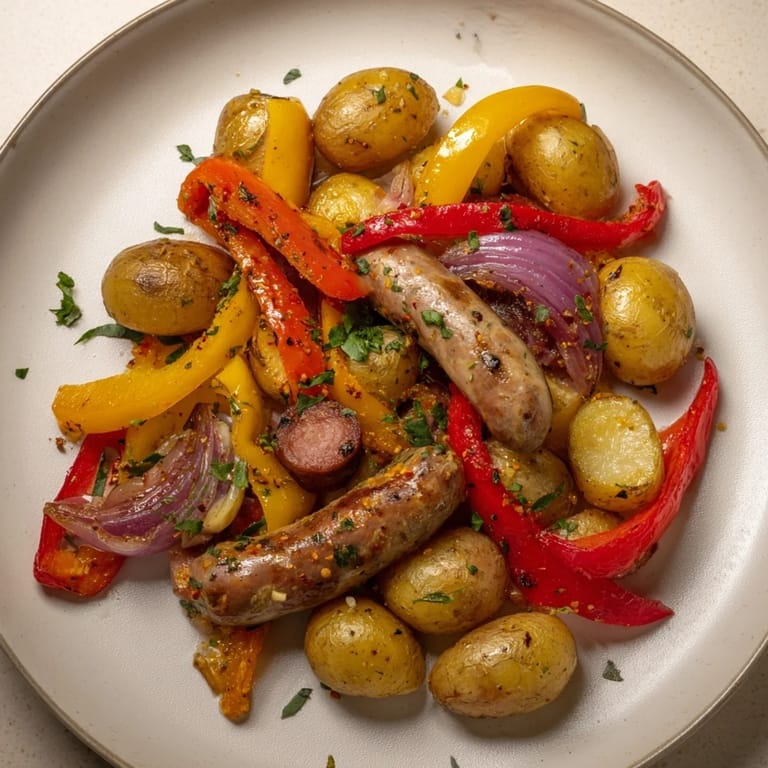 Enjoy a delicious plate of golden Sheet-Pan Sausage with Peppers and Potatoes, seasoned and perfectly cooked.