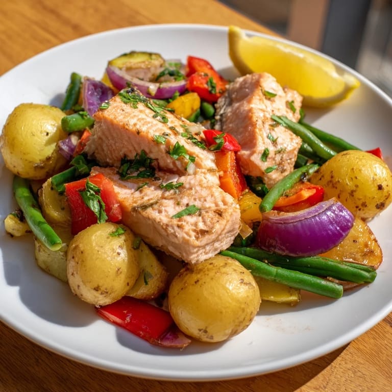 Vibrant one-pan Salmon & Potato Skillet with perfectly cooked salmon, ready to enjoy with a squeeze of lemon.