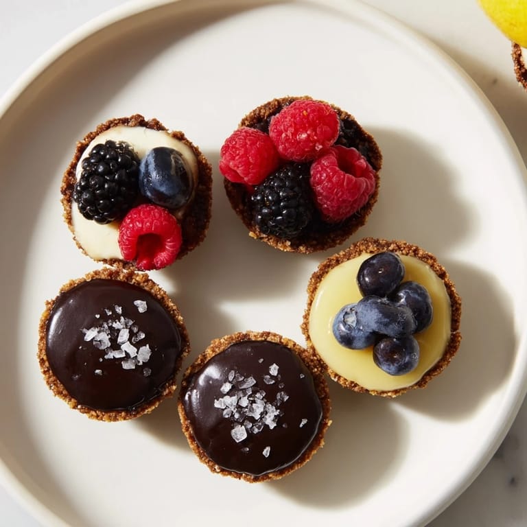 Sweet trio of mini dessert bites: creamy cheesecakes and chocolate tarts, glistening with toppings, ready.