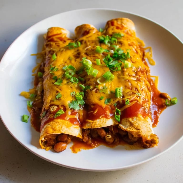 Warm, flavorful Cheesy Bean Enchiladas, filled with seasoned beans and baked in a rich red sauce.