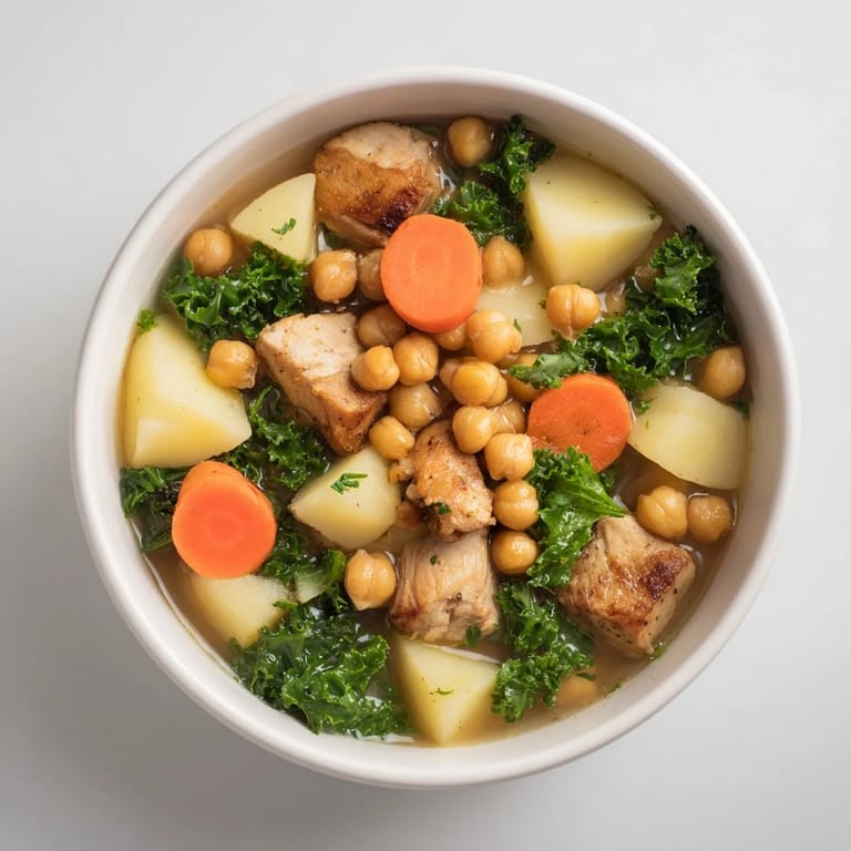 A hearty bowl of Chicken Kale Soup with Crispy Chickpeas, topped with crunchy, seasoned chickpeas.