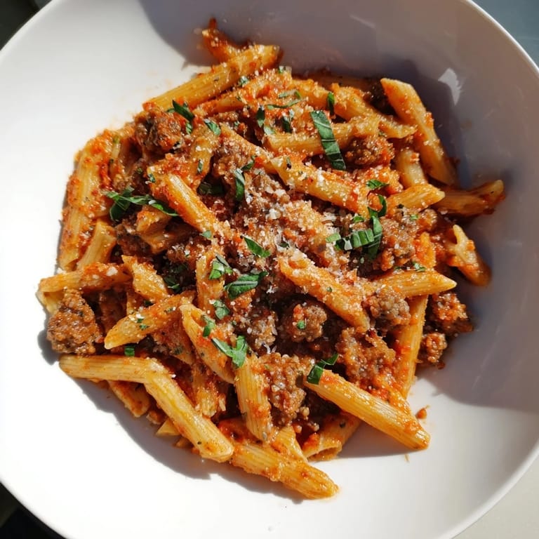 This Creamy Tomato and Sausage Pasta features a rich, savory aroma, perfect for feeding a crowd.