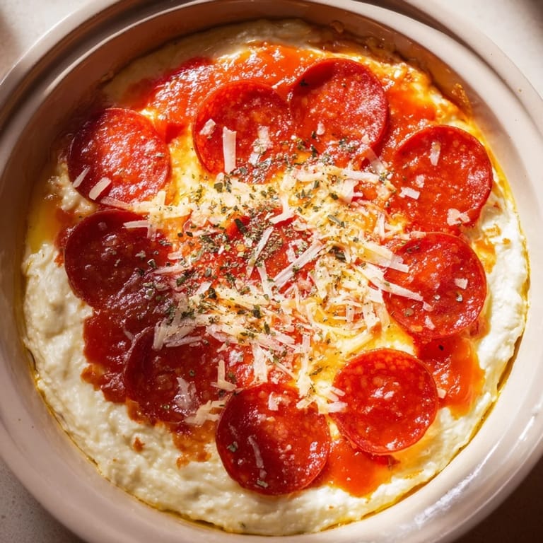 A close-up shot of rich pizza dip with crispy pepperoni, perfect for sharing at gatherings.
