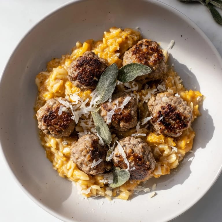 Close-up of hearty sage turkey meatballs swimming in pumpkin orzo, ready to serve and enjoy.