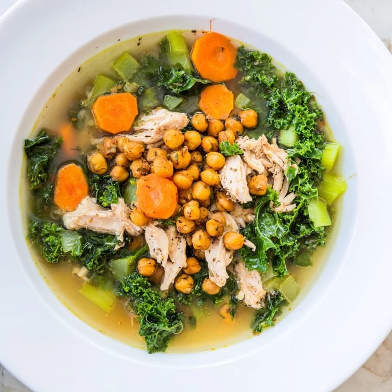 Chicken Kale Soup with savory herbs and tender chicken, served with a crispy chickpea garnish.