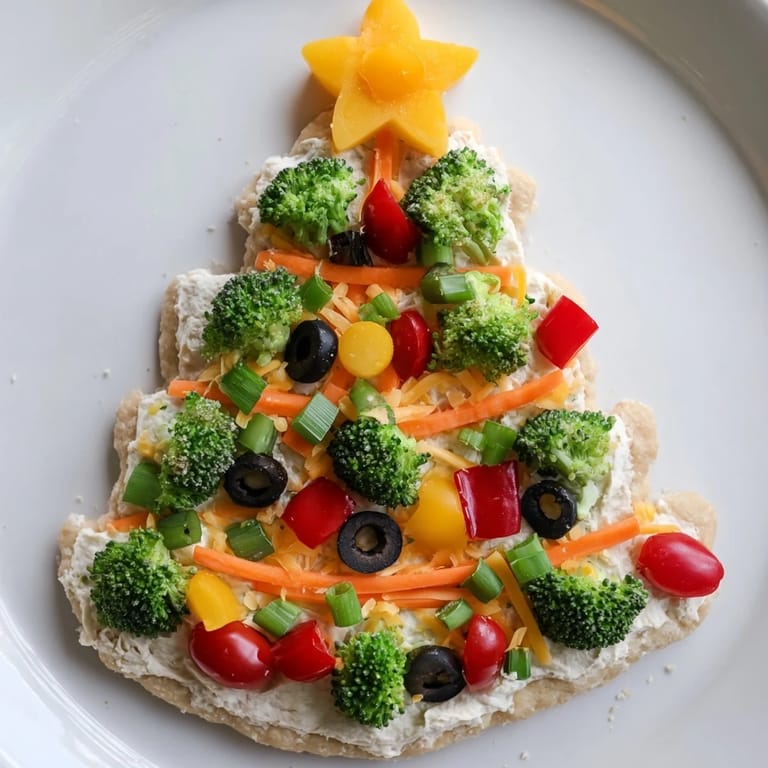 Enjoy a delicious bite of this Easy Christmas Tree Veggie Pizza appetizer, served cold and flavorful.