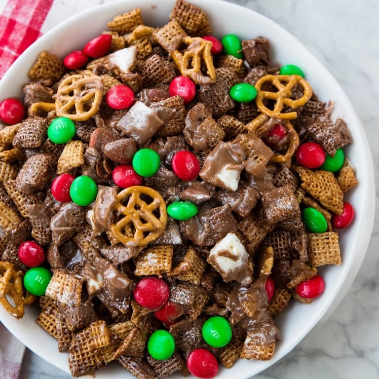 This homemade Simplified Reindeer Chow features a sweet, chocolatey coating with festive holiday colors.