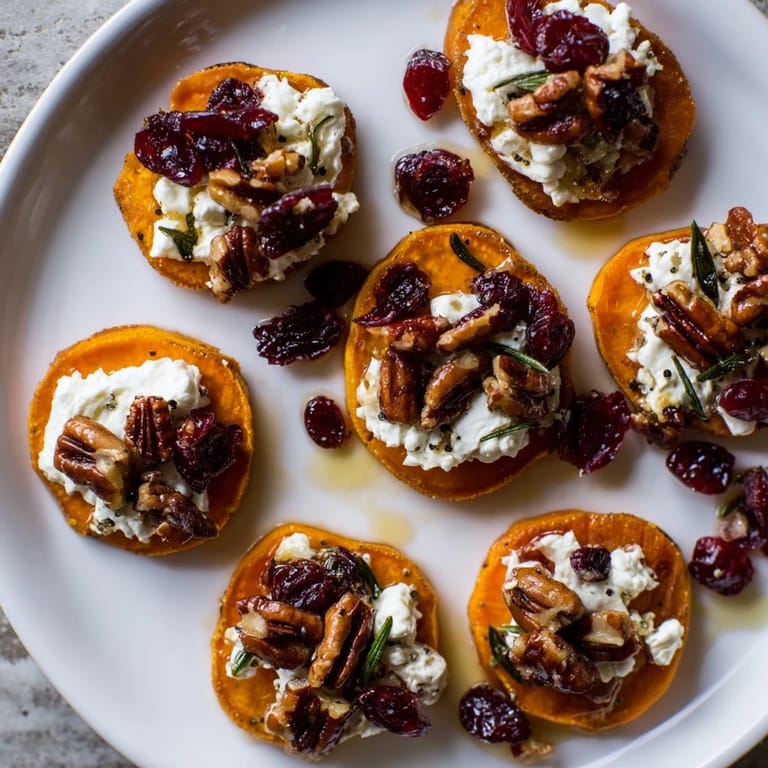 Golden-brown Express Holiday Sweet Potato Rounds topped with creamy goat cheese and crunchy pecans, delicious.