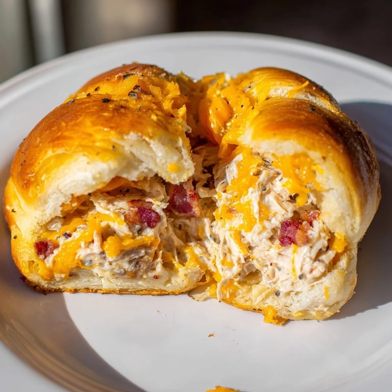 Warm, gooey cheese melting around the savory Cheesy Chicken and Bacon Crescent Rolls, ready to eat.