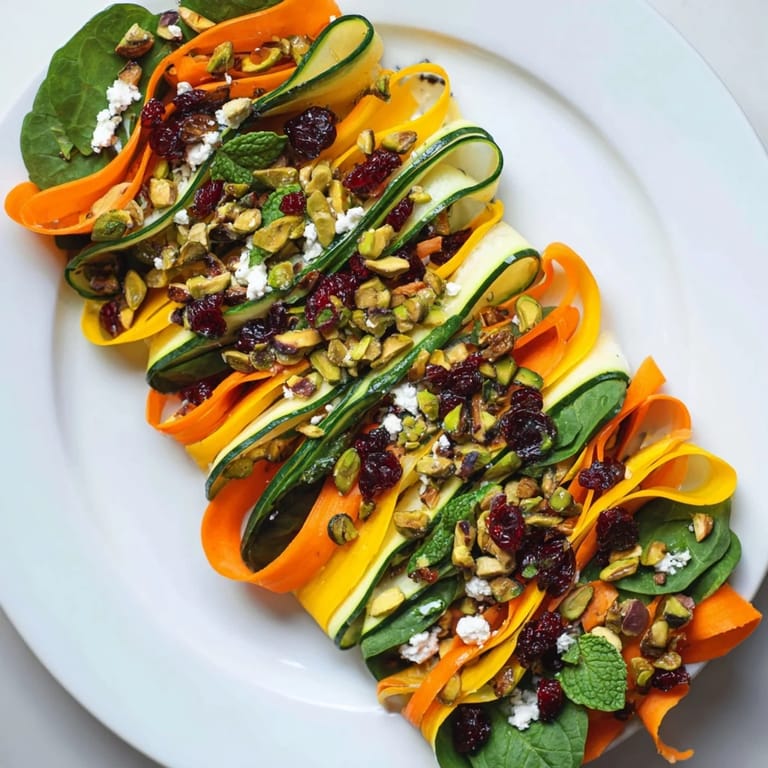 This beautiful Pistachio and Cranberry Ribbon Salad boasts ribbons of fresh vegetables topped with pistachios and cheese.