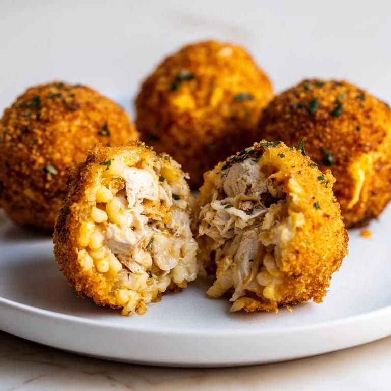 A close-up of crispy Creamy Chicken & Rice Arancini Balls shows textures and delicious ingredients.