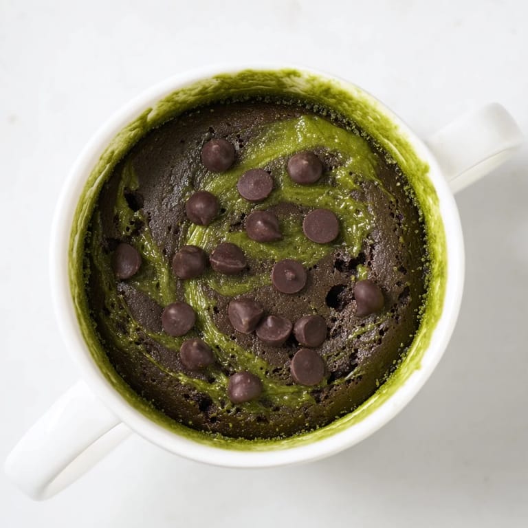 This fudgy Matcha Peppermint Brownie Batter Mug Cake steams until warm, perfect for a cozy treat.