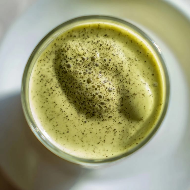 A thick and vibrant Matcha Eggnog Collagen Breakfast Smoothie, blending holiday flavors in a glass.