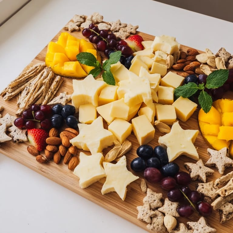 Beautifully arranged Shooting Star Snack Board featuring colorful fruits and cheeses, a delicious appetizer.
