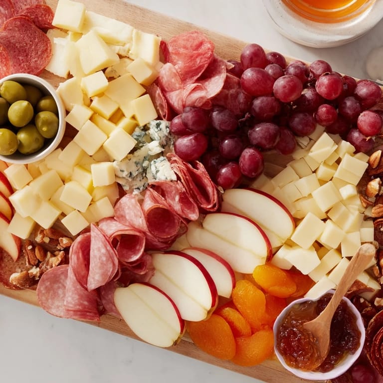Vibrant Moonlight Picnic Board: an appealing spread of cheeses, prosciutto, honey, and fresh fruit delights.