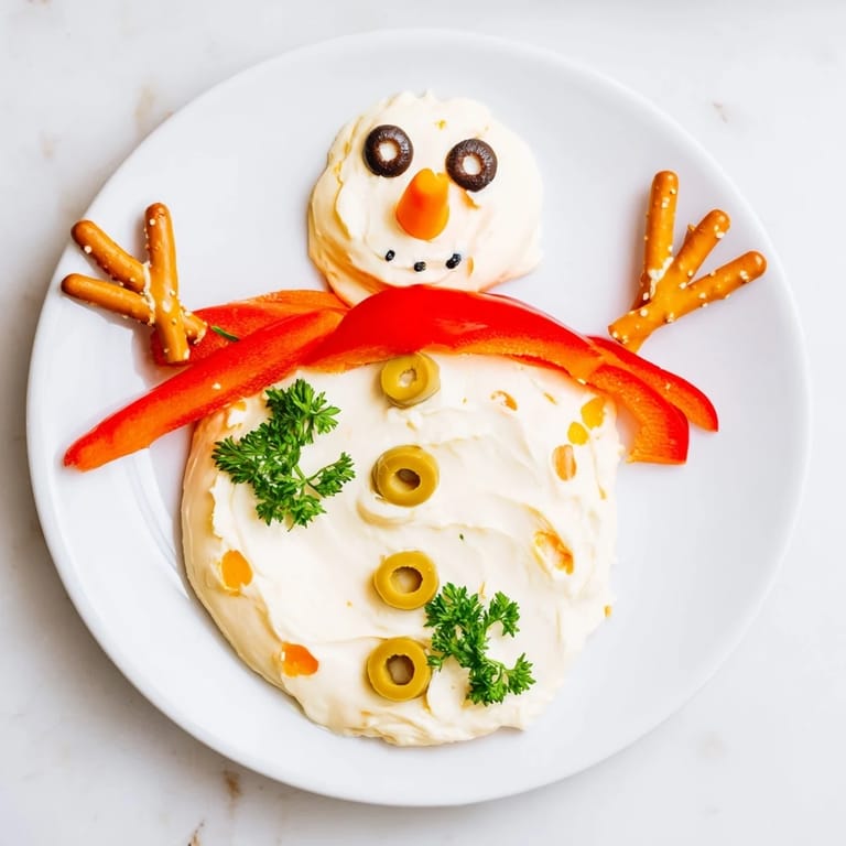A whimsical Melted Snowman Dip Bowl, ready to serve with dippers, showcasing a festive appetizer's charm.