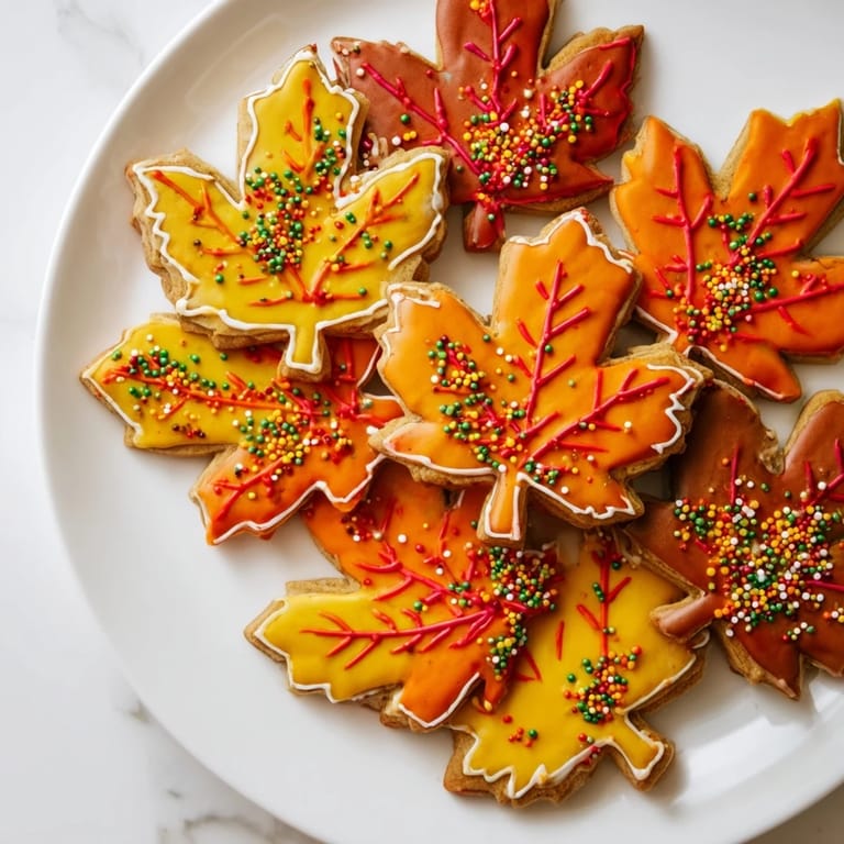 A close-up of vibrant, frosted maple leaf cookies ready for autumn celebrations, so delicious!