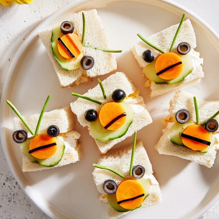Adorable bee-shaped sandwiches beside fresh, colorful fruit on a party serving board.