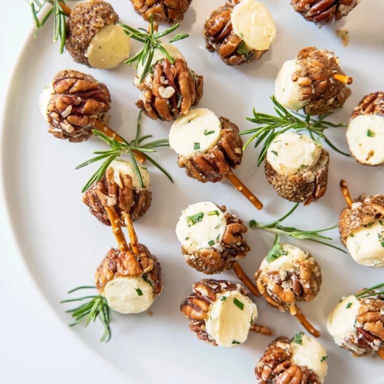 Tiny acorn cheese balls, a beautiful platter with a close-up of the delicious textures and flavors.