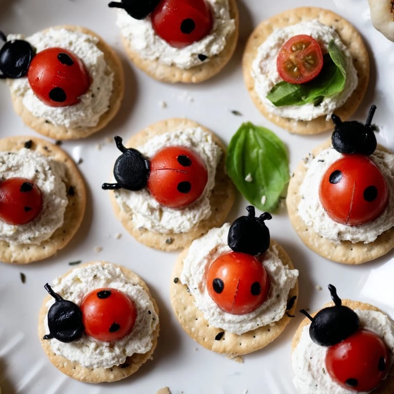Close-up of the delicious Garden Snacks: Ladybug Tomato & Olive Bites, perfect for a party.