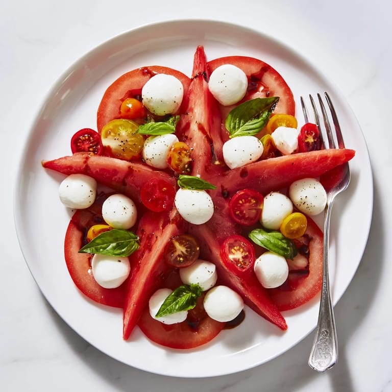 Fresh, colorful Starfish Caprese Salad with juicy tomatoes, and drizzled in balsamic glaze– perfectly Italian.