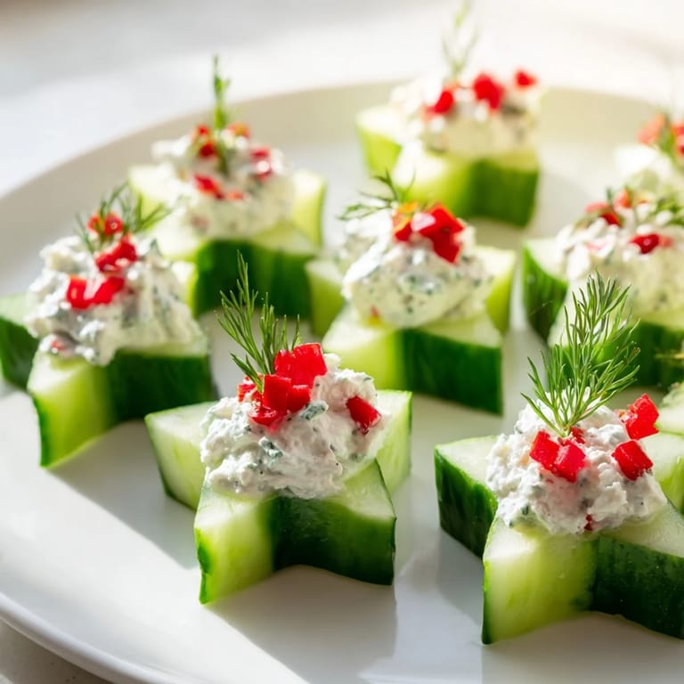 Close-up of elegant Cucumber and Dill Christmas Stars, depicting the creamy cheese filling and dill sprigs.