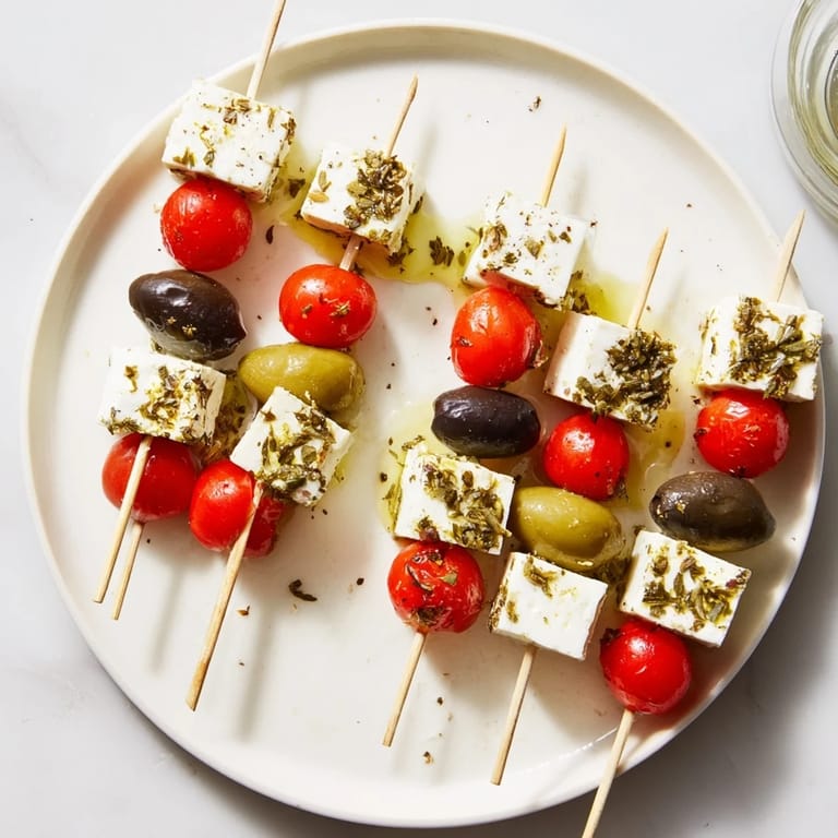Mediterranean Holiday Cheers Olive and Feta Skewers, with juicy tomatoes and fresh herbs, a delicious start.