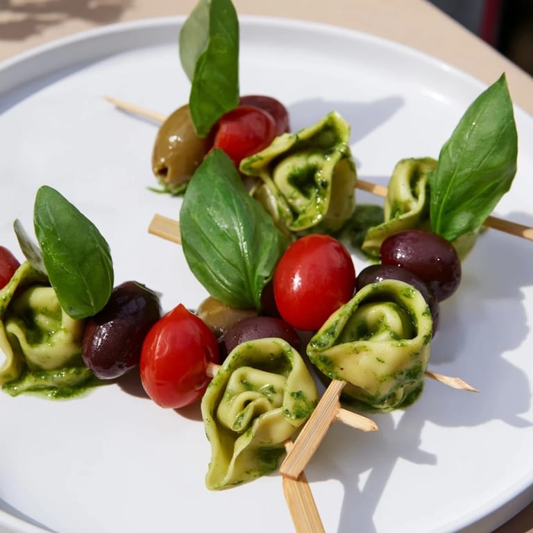 Close-up of delicious Appetizer Skewers featuring tortellini, pesto-covered and ready for a savory bite.